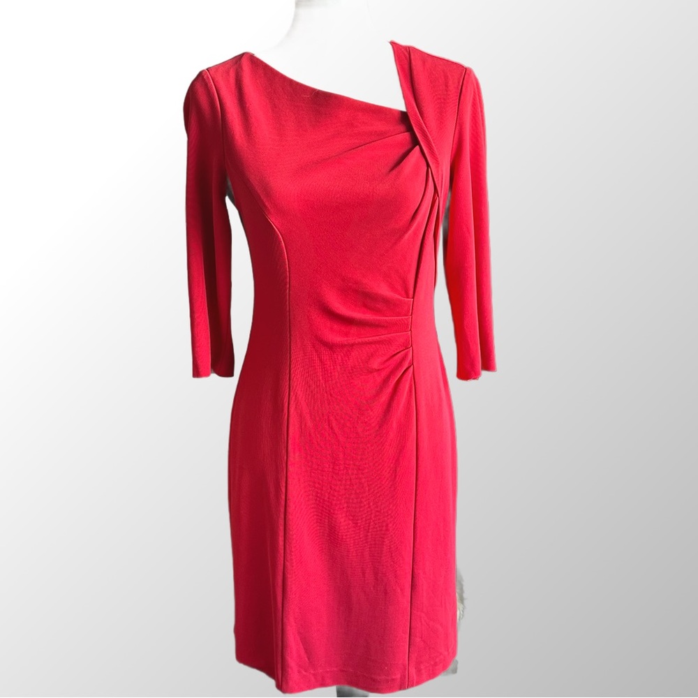 Kay Unger Red Asymmetrical 3/4 Sleeve‎ Sheath Cocktail Midi Dress in Size 4